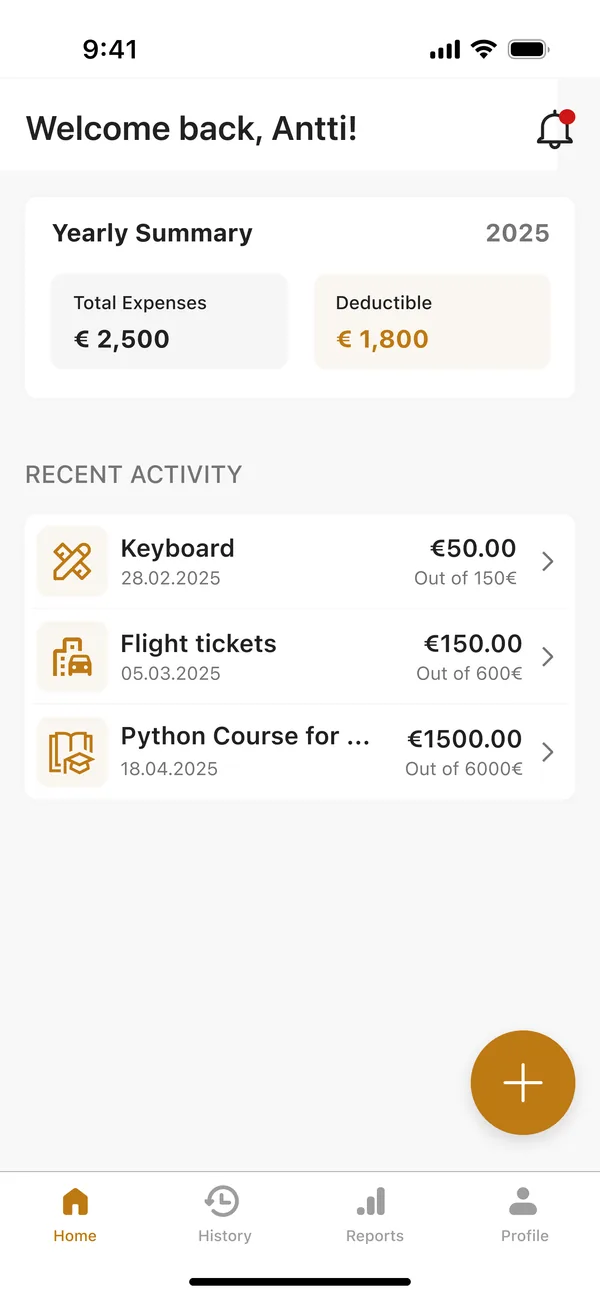 Palautus AI home screen with the yearly summary of expenses and the deductible amount